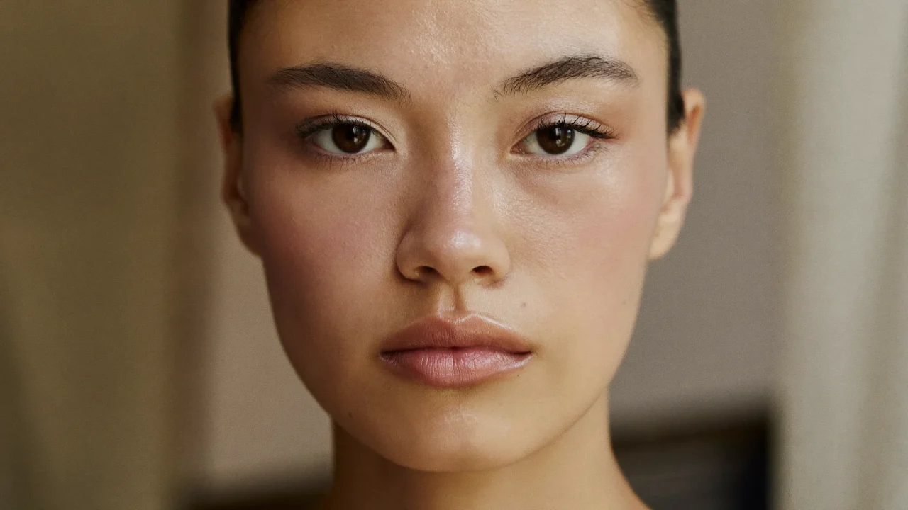 Gros plan sur un visage au teint lumineux et naturel après une séance